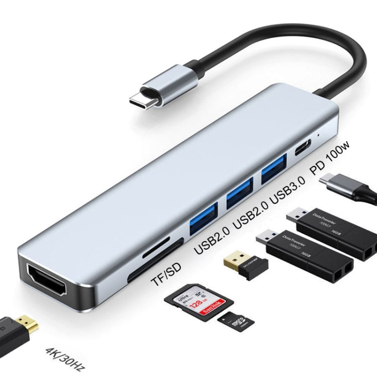 محطة إرساء HUB 7 في 1 من نوع HDMI+SD/TF+USB2.0x2+USB3.0+PD إلى Type-C، محطة 7 في 1