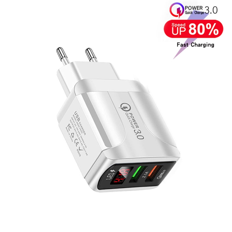 شاحن سريع F002C QC3.0 USB + USB 2.0 مع شاشة رقمية LED وكابل بيانات USB إلى Type-C، قابس الاتحاد الأوروبي، قابس الاتحاد الأوروبي + كابل Type-C