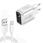 شاحن سريع F002C QC3.0 USB + USB 2.0 مع شاشة رقمية LED وكابل بيانات USB إلى Type-C، قابس الاتحاد الأوروبي، قابس الاتحاد الأوروبي + كابل Type-C