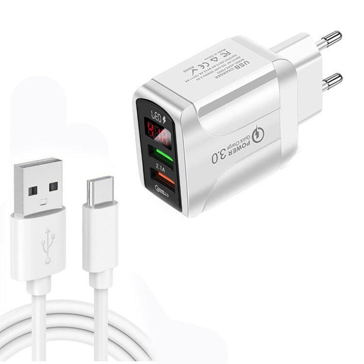 شاحن سريع F002C QC3.0 USB + USB 2.0 مع شاشة رقمية LED وكابل بيانات USB إلى Type-C، قابس الاتحاد الأوروبي، قابس الاتحاد الأوروبي + كابل Type-C