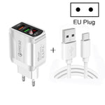 شاحن سريع F002C QC3.0 USB + USB 2.0 مع شاشة رقمية LED وكابل بيانات USB إلى Type-C، قابس الاتحاد الأوروبي، قابس الاتحاد الأوروبي + كابل Type-C