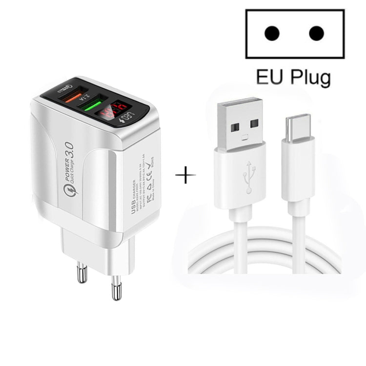 شاحن سريع F002C QC3.0 USB + USB 2.0 مع شاشة رقمية LED وكابل بيانات USB إلى Type-C، قابس الاتحاد الأوروبي، قابس الاتحاد الأوروبي + كابل Type-C