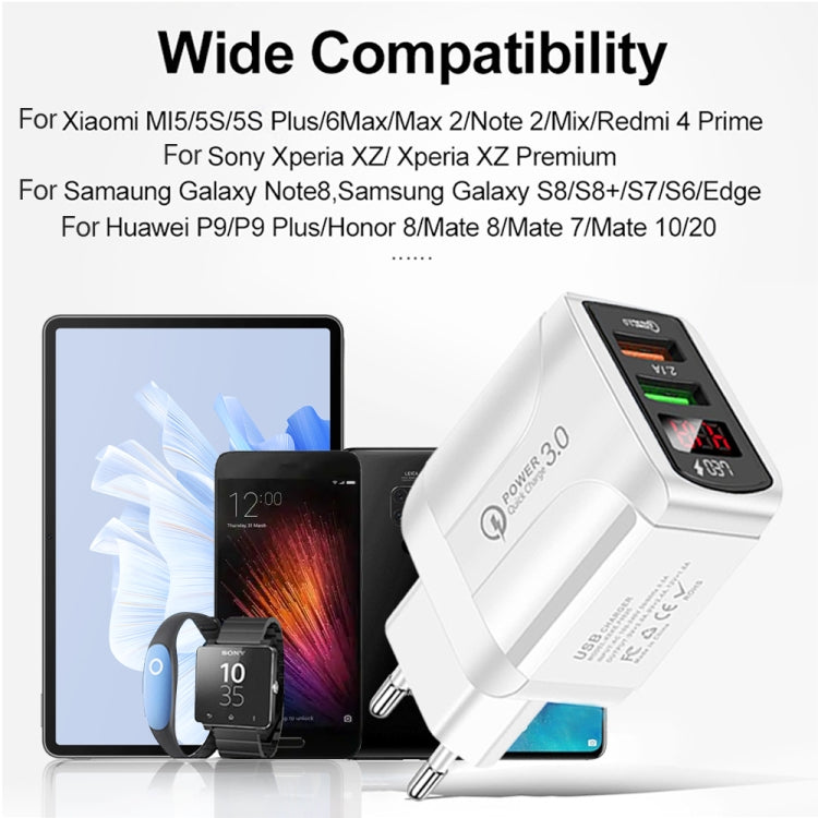 شاحن سريع F002C QC3.0 USB + USB 2.0 مع شاشة رقمية LED وكابل بيانات USB إلى Type-C، قابس الاتحاد الأوروبي، قابس الاتحاد الأوروبي + كابل Type-C