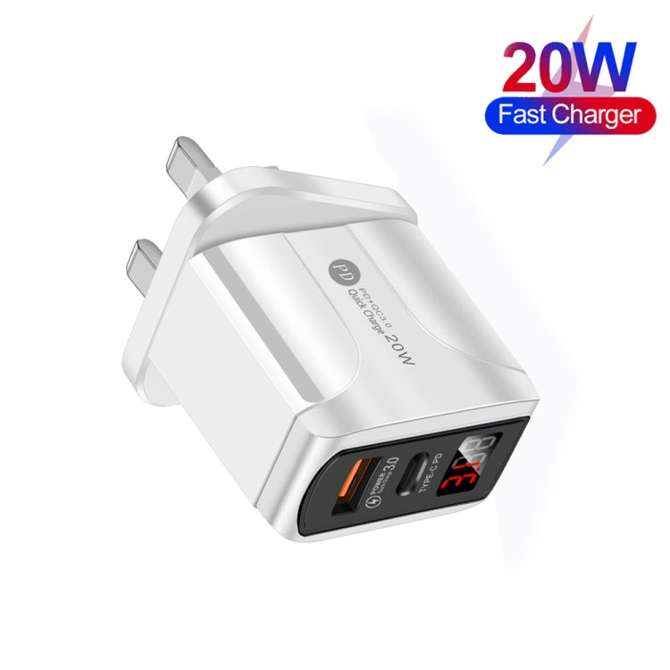 شاحن سريع F002C QC3.0 USB + USB 2.0 مع شاشة رقمية LED وكابل بيانات USB إلى Type-C، قابس المملكة المتحدة، قابس المملكة المتحدة + كابل Type-C