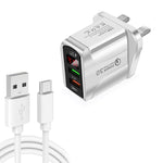 شاحن سريع F002C QC3.0 USB + USB 2.0 مع شاشة رقمية LED وكابل بيانات USB إلى Type-C، قابس المملكة المتحدة، قابس المملكة المتحدة + كابل Type-C
