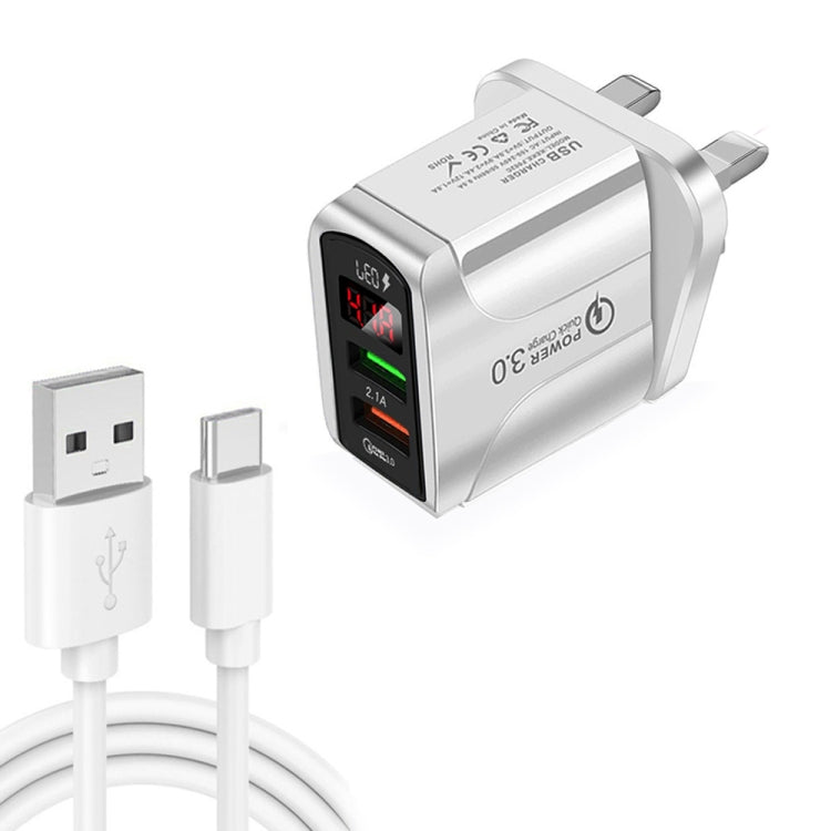 شاحن سريع F002C QC3.0 USB + USB 2.0 مع شاشة رقمية LED وكابل بيانات USB إلى Type-C، قابس المملكة المتحدة، قابس المملكة المتحدة + كابل Type-C