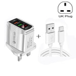 شاحن سريع F002C QC3.0 USB + USB 2.0 مع شاشة رقمية LED وكابل بيانات USB إلى Type-C، قابس المملكة المتحدة، قابس المملكة المتحدة + كابل Type-C