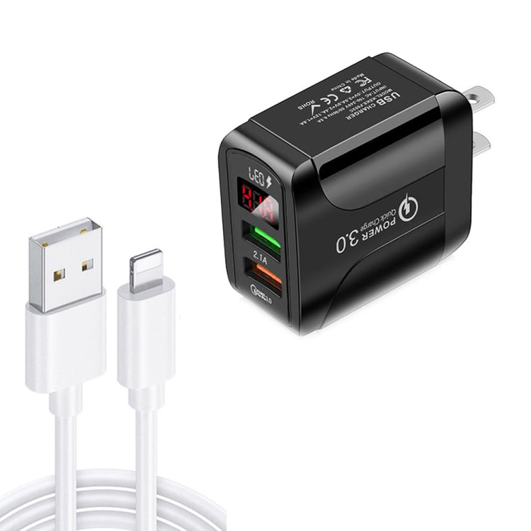 شاحن سريع F002C QC3.0 USB + USB 2.0 مع شاشة رقمية LED وكابل بيانات USB إلى 8 دبابيس، قابس الولايات المتحدة، قابس الولايات المتحدة + كابل 8 دبابيس