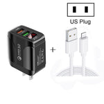 شاحن سريع F002C QC3.0 USB + USB 2.0 مع شاشة رقمية LED وكابل بيانات USB إلى 8 دبابيس، قابس الولايات المتحدة، قابس الولايات المتحدة + كابل 8 دبابيس