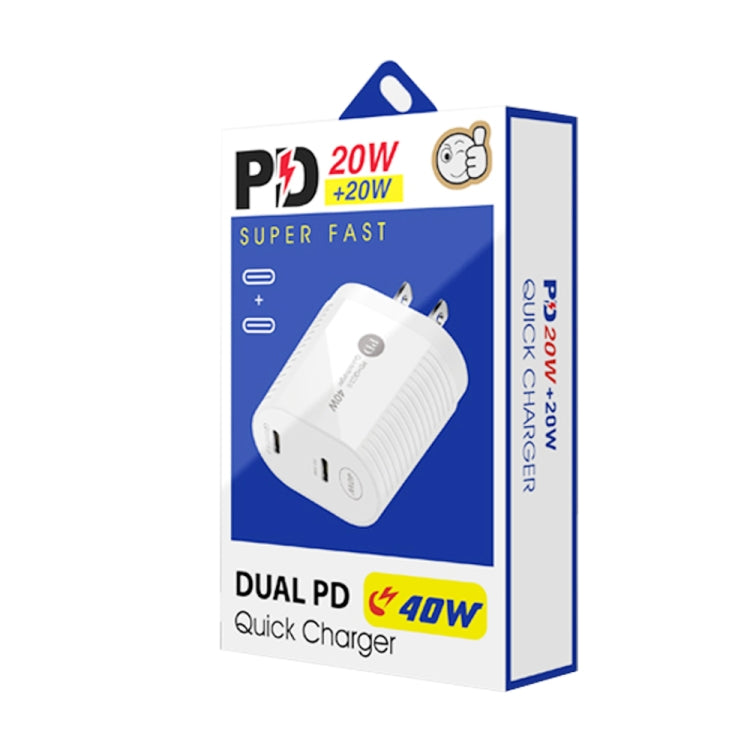 شاحن سريع بقدرة 40 واط بمنفذين PD / Type-C لسلسلة iPhone / iPad، قابس الولايات المتحدة، قابس الولايات المتحدة