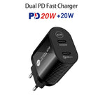 شاحن سريع بقدرة 40 واط بمنفذين PD / Type-C مع كابل بيانات Type-C إلى 8 دبابيس، قابس الاتحاد الأوروبي، قابس الاتحاد الأوروبي + كابل Type-C إلى 8 دبابيس