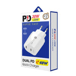 شاحن سريع بقدرة 40 واط بمنفذين PD / Type-C مع كابل بيانات Type-C إلى 8 دبابيس، قابس الاتحاد الأوروبي، قابس الاتحاد الأوروبي + كابل Type-C إلى 8 دبابيس