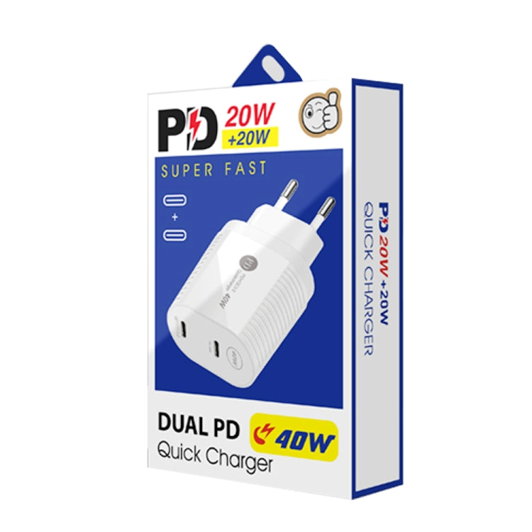 شاحن سريع بقدرة 40 واط بمنفذين PD / Type-C مع كابل بيانات Type-C إلى 8 دبابيس، قابس الاتحاد الأوروبي، قابس الاتحاد الأوروبي + كابل Type-C إلى 8 دبابيس