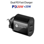 شاحن سريع بقدرة 40 واط بمنفذين PD / Type-C مع كابل بيانات Type-C إلى 8 دبابيس، قابس المملكة المتحدة، قابس المملكة المتحدة + كابل Type-C إلى 8 دبابيس