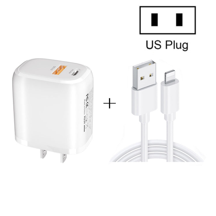 شاحن سريع محمول صغير CS-20W PD3.0 + QC3.0 بمنافذ مزدوجة مع كابل بيانات USB 3A إلى 8 بن، شاحن + كابل USB إلى 8 بن