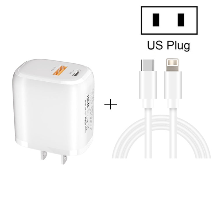 شاحن سريع محمول صغير CS-20W PD3.0 + QC3.0 بمنافذ مزدوجة مع كابل بيانات Type-C 3A إلى 8 بن، شاحن + كابل Type-C إلى 8 بن