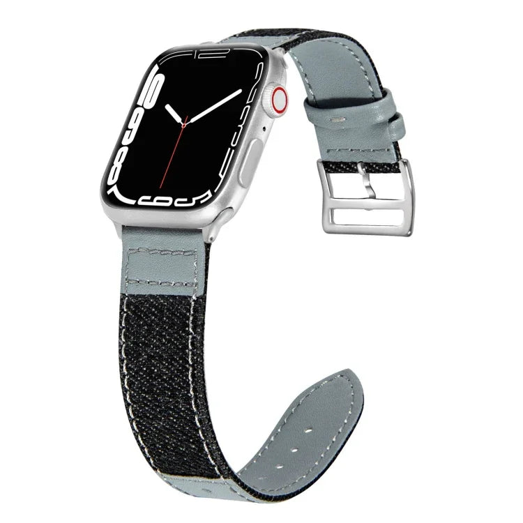 سوار ساعة بديل من الجلد بقصة دنيم لسلسلة Apple Watch، 7 مقاس 41مم / 6&SE&5&4 مقاس 40مم / 3&2&1 مقاس 38مم، 7 مقاس 45مم / 6&SE&5&4 مقاس 44مم / 3&2&1 مقاس 42مم