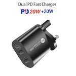 شاحن سريع بورت مزدوج 40 واط PD USB-C / Type-C لسلسلة iPhone / iPad، قابس المملكة المتحدة، قابس المملكة المتحدة