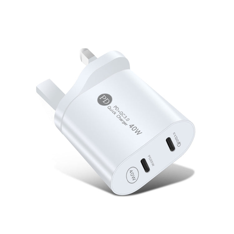 شاحن سريع بورت مزدوج 40 واط PD USB-C / Type-C لسلسلة iPhone / iPad، قابس المملكة المتحدة، قابس المملكة المتحدة