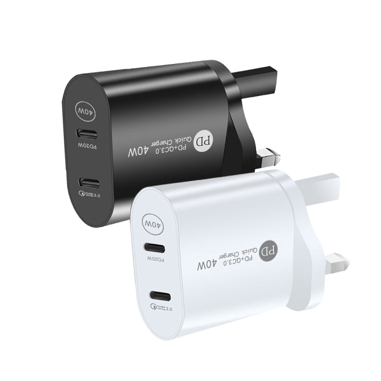 شاحن سريع بورت مزدوج 40 واط PD USB-C / Type-C لسلسلة iPhone / iPad، قابس المملكة المتحدة، قابس المملكة المتحدة