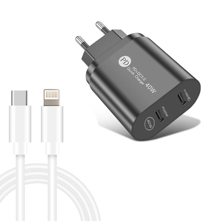 شاحن سريع بورت مزدوج 40 واط PD / Type-C مع كابل بيانات USB-C إلى 8 بن، قابس الاتحاد الأوروبي، قابس الاتحاد الأوروبي + كابل Type-C إلى 8 بن