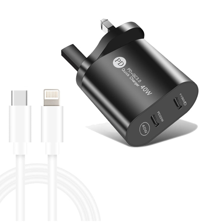 شاحن سريع بورت مزدوج 40 واط PD / Type-C مع كابل بيانات USB-C إلى 8 بن، قابس المملكة المتحدة، قابس المملكة المتحدة + كابل Type-C إلى 8 بن