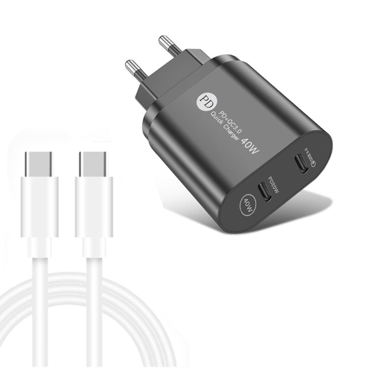 شاحن USB-C / Type-C مزدوج المنفذ 002 بقوة 40 واط PD3.0 مع كابل بيانات Type-C إلى Type-C، قابس الاتحاد الأوروبي، قابس الاتحاد الأوروبي + كابل Type-C إلى Type-C