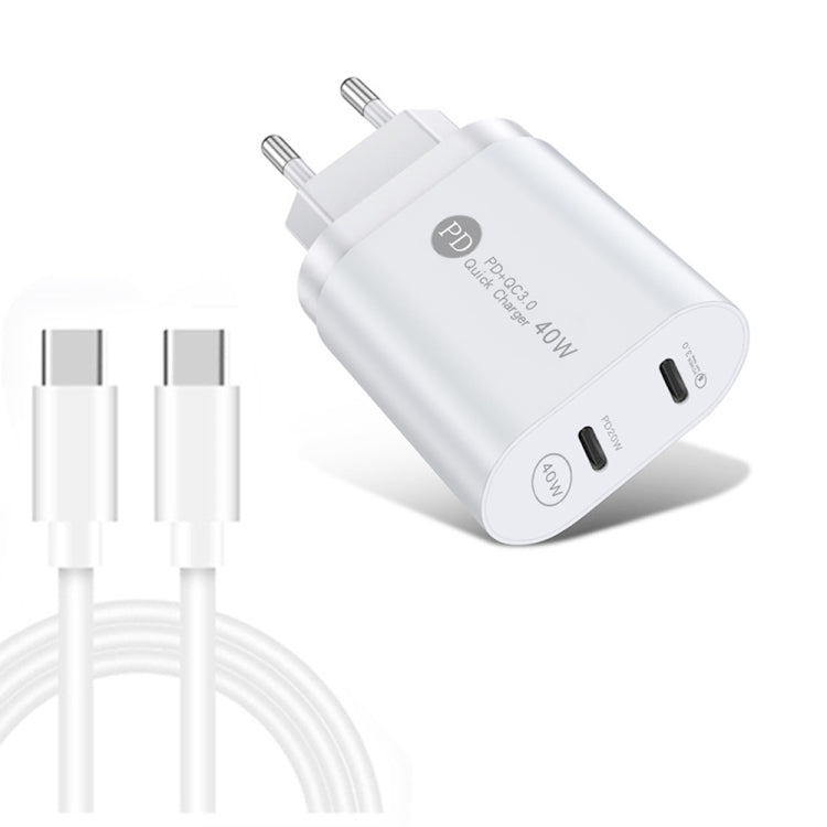 شاحن USB-C / Type-C مزدوج المنفذ 002 بقوة 40 واط PD3.0 مع كابل بيانات Type-C إلى Type-C، قابس الاتحاد الأوروبي، قابس الاتحاد الأوروبي + كابل Type-C إلى Type-C