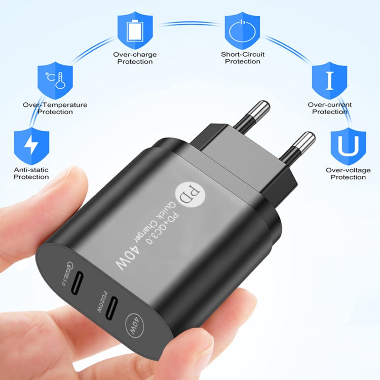 شاحن USB-C / Type-C مزدوج المنفذ 002 بقوة 40 واط PD3.0 مع كابل بيانات Type-C إلى Type-C، قابس الاتحاد الأوروبي، قابس الاتحاد الأوروبي + كابل Type-C إلى Type-C