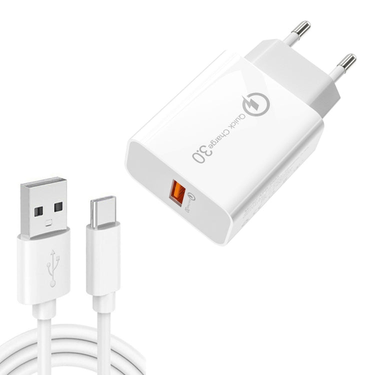 شاحن USB بمنفذ واحد بقوة 18 واط مع QC3.0 موديل APD-2003 مع كابل بيانات USB إلى Type-C بطول 1م، قابس الاتحاد الأوروبي + كابل USB إلى Type-C، قابس الولايات المتحدة + كابل USB إلى Type-C