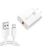 شاحن USB بمنفذ واحد بقوة 18 واط مع QC3.0 موديل APD-2003 مع كابل بيانات USB إلى Type-C بطول 1م، قابس الاتحاد الأوروبي + كابل USB إلى Type-C، قابس الولايات المتحدة + كابل USB إلى Type-C