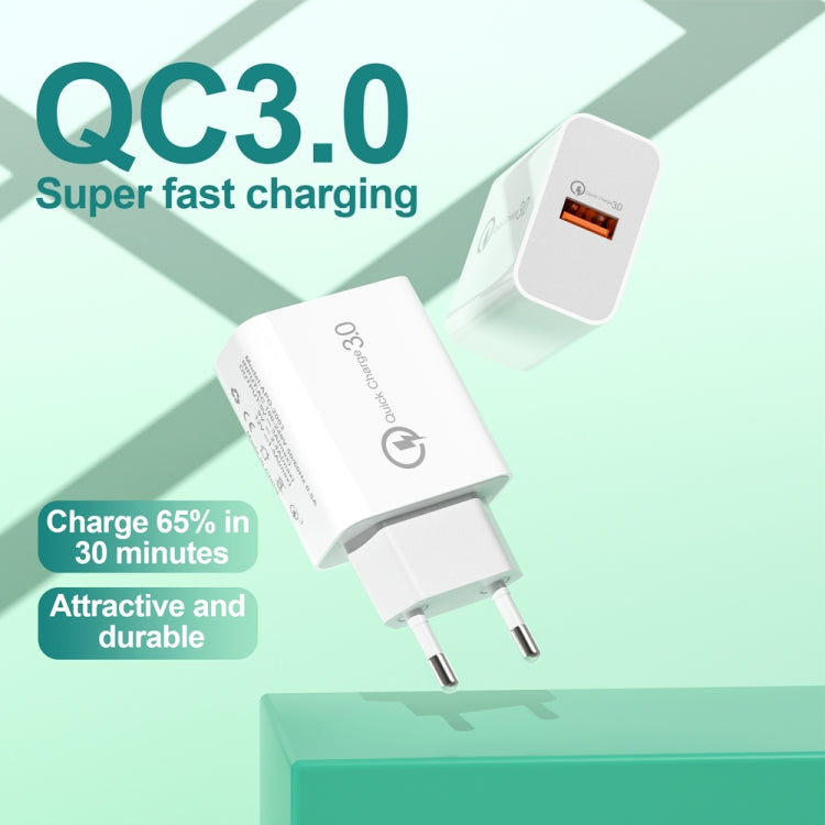 شاحن USB بمنفذ واحد بقوة 18 واط مع QC3.0 موديل APD-2003 مع كابل بيانات USB إلى Type-C بطول 1م، قابس الاتحاد الأوروبي + كابل USB إلى Type-C، قابس الولايات المتحدة + كابل USB إلى Type-C