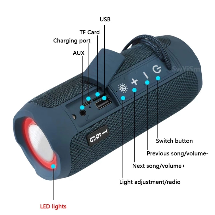 مكبر صوت موسيقى بلوتوث محمول خارجي مقاوم للماء T&G TG227 مع ضوء LED، يدعم FM / بطاقة TF / USB