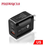 شاحن سريع بورت مزدوج PD25W USB-C / Type-C + QC3.0 USB، قابس الولايات المتحدة، قابس الولايات المتحدة
