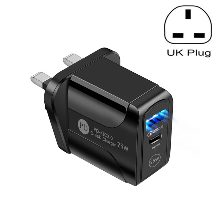 شاحن سريع بورت مزدوج PD25W USB-C / Type-C + QC3.0 USB، قابس المملكة المتحدة، قابس المملكة المتحدة