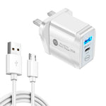 شاحن سريع بمنفذي USB-C / Type-C وQC3.0 مع كابل بيانات USB إلى Micro USB، قابس المملكة المتحدة، قابس المملكة المتحدة + كابل USB إلى Micro USB