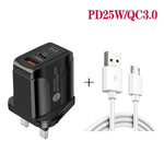 شاحن سريع بمنفذي USB-C / Type-C وQC3.0 مع كابل بيانات USB إلى Micro USB، قابس المملكة المتحدة، قابس المملكة المتحدة + كابل USB إلى Micro USB