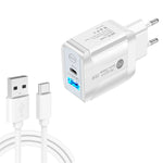 شاحن سريع بمنفذي USB-C / Type-C وQC3.0 مع كابل بيانات USB إلى Type-C، قابس الاتحاد الأوروبي، قابس الاتحاد الأوروبي + كابل USB إلى Type-C