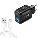 شاحن سريع بمنفذي USB-C / Type-C وQC3.0 مع كابل بيانات USB إلى Type-C، قابس الاتحاد الأوروبي، قابس الاتحاد الأوروبي + كابل USB إلى Type-C