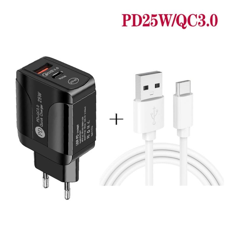 شاحن سريع بمنفذي USB-C / Type-C وQC3.0 مع كابل بيانات USB إلى Type-C، قابس الاتحاد الأوروبي، قابس الاتحاد الأوروبي + كابل USB إلى Type-C