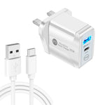 شاحن سريع بمنفذي USB-C / Type-C وQC3.0 مع كابل بيانات USB إلى Type-C، قابس المملكة المتحدة، قابس المملكة المتحدة + كابل USB إلى Type-C