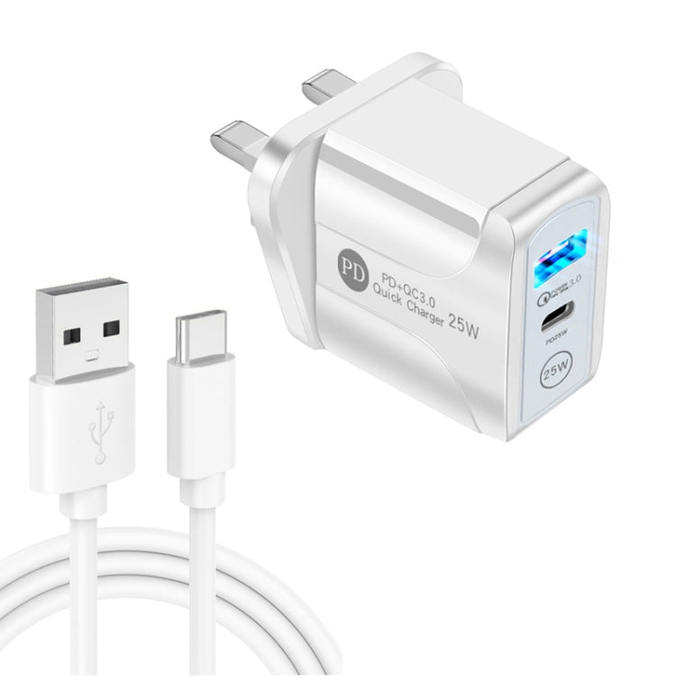 شاحن سريع بمنفذي USB-C / Type-C وQC3.0 مع كابل بيانات USB إلى Type-C، قابس المملكة المتحدة، قابس المملكة المتحدة + كابل USB إلى Type-C