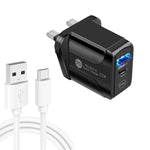 شاحن سريع بمنفذي USB-C / Type-C وQC3.0 مع كابل بيانات USB إلى Type-C، قابس المملكة المتحدة، قابس المملكة المتحدة + كابل USB إلى Type-C