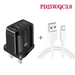 شاحن سريع بمنفذي USB-C / Type-C وQC3.0 مع كابل بيانات USB إلى Type-C، قابس المملكة المتحدة، قابس المملكة المتحدة + كابل USB إلى Type-C