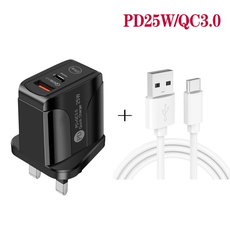 شاحن سريع بمنفذي USB-C / Type-C وQC3.0 مع كابل بيانات USB إلى Type-C، قابس المملكة المتحدة، قابس المملكة المتحدة + كابل USB إلى Type-C