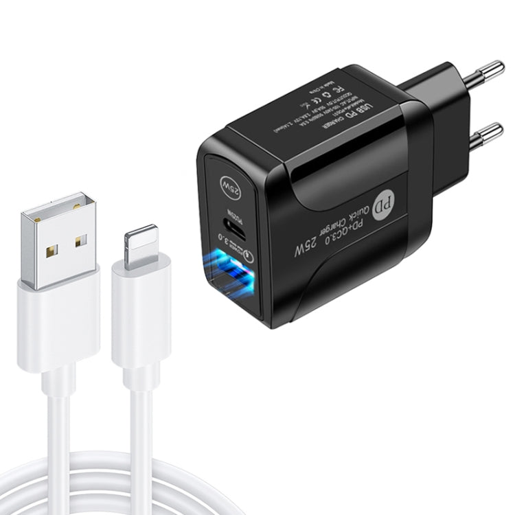 شاحن سريع بورت مزدوج PD25W USB-C / Type-C + QC3.0 USB مع كابل بيانات USB إلى 8 بن، قابس الاتحاد الأوروبي، قابس الاتحاد الأوروبي + كابل USB إلى 8 بن