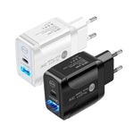 شاحن سريع بورت مزدوج PD25W USB-C / Type-C + QC3.0 USB مع كابل بيانات USB إلى 8 بن، قابس الاتحاد الأوروبي، قابس الاتحاد الأوروبي + كابل USB إلى 8 بن