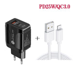 شاحن سريع بورت مزدوج PD25W USB-C / Type-C + QC3.0 USB مع كابل بيانات USB إلى 8 بن، قابس الاتحاد الأوروبي، قابس الاتحاد الأوروبي + كابل USB إلى 8 بن