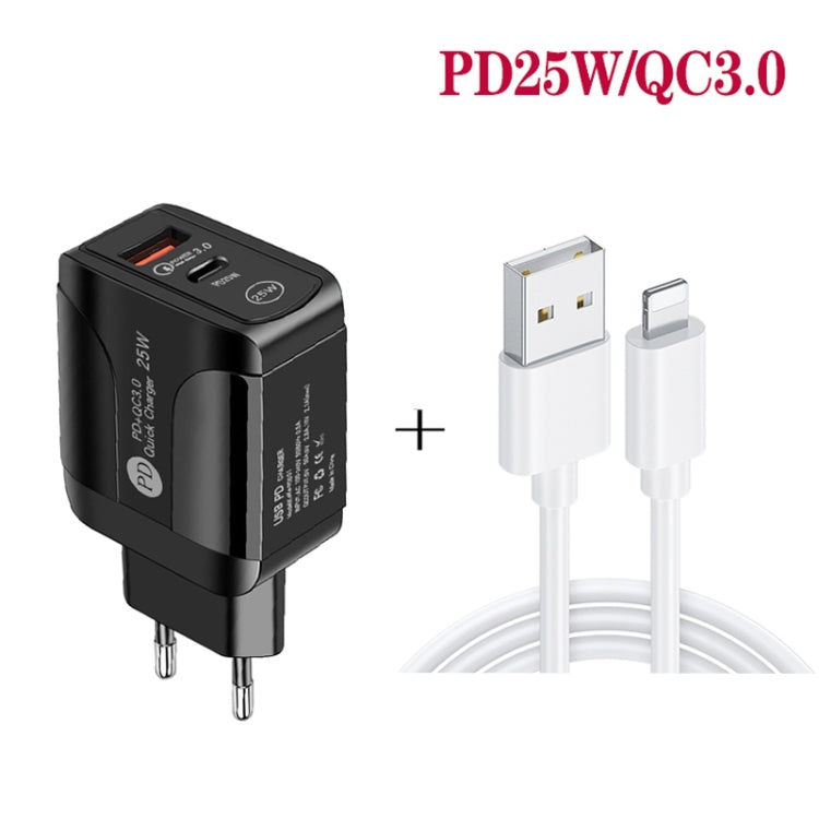 شاحن سريع بورت مزدوج PD25W USB-C / Type-C + QC3.0 USB مع كابل بيانات USB إلى 8 بن، قابس الاتحاد الأوروبي، قابس الاتحاد الأوروبي + كابل USB إلى 8 بن