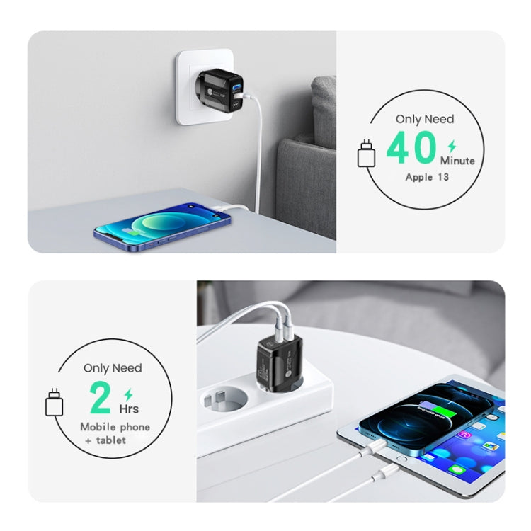 شاحن سريع بورت مزدوج PD25W USB-C / Type-C + QC3.0 USB مع كابل بيانات USB إلى 8 بن، قابس الاتحاد الأوروبي، قابس الاتحاد الأوروبي + كابل USB إلى 8 بن